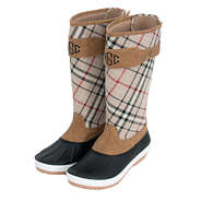 monogrammed rain duck boots in tan plaid