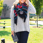 charcoal sherpa wristlet with plaid monogrammed blanket scarf