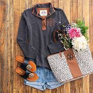 monogrammed charcoal pullover sweatshirt tunic with shorts and sandals