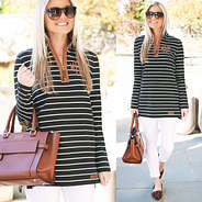monogrammed black and white striped pullover with brown handbag