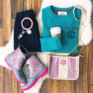confetti duck boots with crossbody and quilted sweatshirt