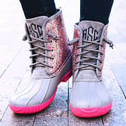 gray and hot pink confetti monogrammed duck boots