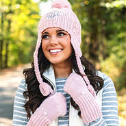 blush monogrammed beanie with blush mittens