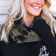 camo fur infinity scarf with black boyfriend sweater