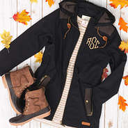 monogrammed utility rain jacket with dropped hem layering tee tunic and monogrammed duck boots