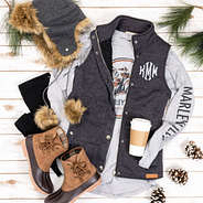 heathered quilted vest with fur trapper hat