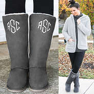 gray monogrammed tall sherpa boots with teddy bear coat