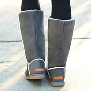 back of grey tall suede sherpa boots with leather branding