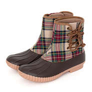 camel plaid pull on duck boots