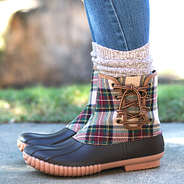 camel plaid pull on duck boots with duck boot socks