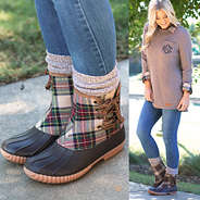 camel plaid pull on duck boots with monogrammed crewneck sweatshirt and collared layering tunic