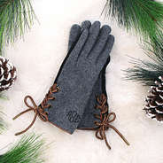 monogrammed side lace gloves in charcoal on fur rug