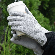 gray heathered gloves holding coffee