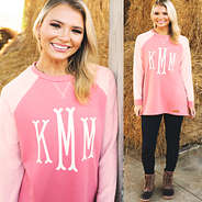 pink monogrammed raglan sweatshirt with monogrammed duck boots