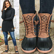monogrammed heathered charcoal quilted duck boots with monogrammed fleece tunic