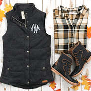 heathered charcoal quilted duck boots with monogrammed heathered quilted vest and collared layering tunic