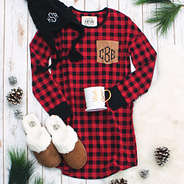 monogrammed buffalo plaid lounge tunic with monogrammed beanie, coffee mug and sherpa slippers