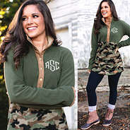 camo monogrammed colorblock fleece pullover with monogrammed duck boots