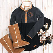 colorblock pullover with monogram and sherpa tall boots