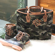monogrammed camo tote with camo pull on duck boots