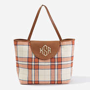 monogrammed classic tote in orange and navy plaid