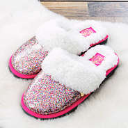 confetti slippers on faux fur rug