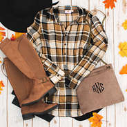 monogrammed convertible suede bag with collared layering tunic and riding boots