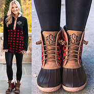 monogrammed buffalo plaid fleece pullover with monogrammed buffalo plaid duck boots