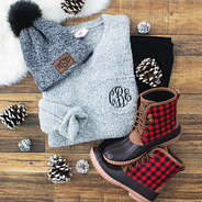 monogrammed buffalo plaid duck boots with monogrammed boyfriend sweater
