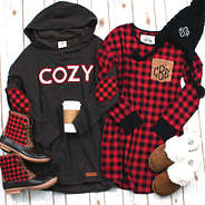 cozy hoodie, duck boots, sleep shirt and slippers