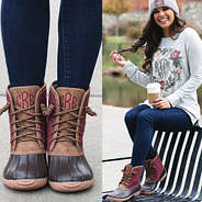 monogrammed burgundy duck boots with monogrammed terry pullover
