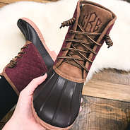 monogrammed burgundy duck boots with chocolate thread