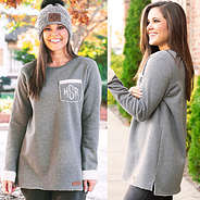 gray aspen sweatshirt with monogrammed beanie