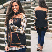 front and back of monogrammed quilted barn vest with plaid tunic