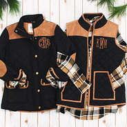 monogrammed quilted barn coat with monogrammed quilted barn vest and collared layering tunic