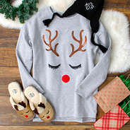 festive reindeer sweatshirt with reindeer slippers and monogrammed beanie