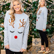 front and side views of reindeer sweatshirt with leggings and reindeer slippers