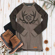 monogrammed antlers sweatshirt with brown pull on duck boots