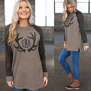 front and side shot of monogrammed antlers sweatshirt