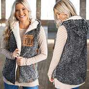 front and back of hooded sherpa vest