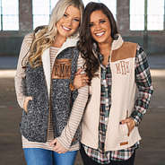 monogrammed sherpa hooded vest with monogrammed quilted vest