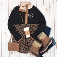 monogrammed leopard pullover with duck boots and crossbody