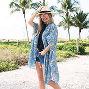 Girl wearing Blue Fiesta Leopard Kimono on Beach