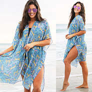 Split of girl wearing Blue Fiesta Leopard Kimono