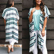striped blue and white sheer kimono with white jeans