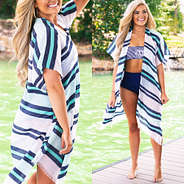 striped kimono bathing suit cover up at the lake