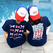 america monogrammed trucker hats with america t-shirts by the pool