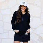 Monogrammed white trucker hat with black skirt