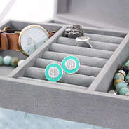 monogrammed mint disc earrings in jewelry box