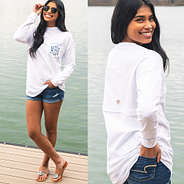 front and back of monogrammed long sleeve fishing shirt with jeans